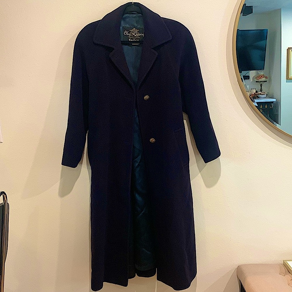 Vintage Oleg Cassini Couture Navy Camel Hair and Wool Long Coat. Size Petite 6
